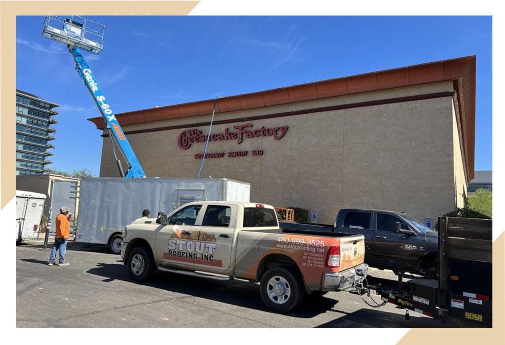 Commercial protective spray foam on roof of a cheesecake factory in mesa arizona.