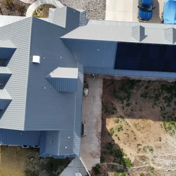 Top down shot of southern utah home after stout roofing installed new solar panels.
